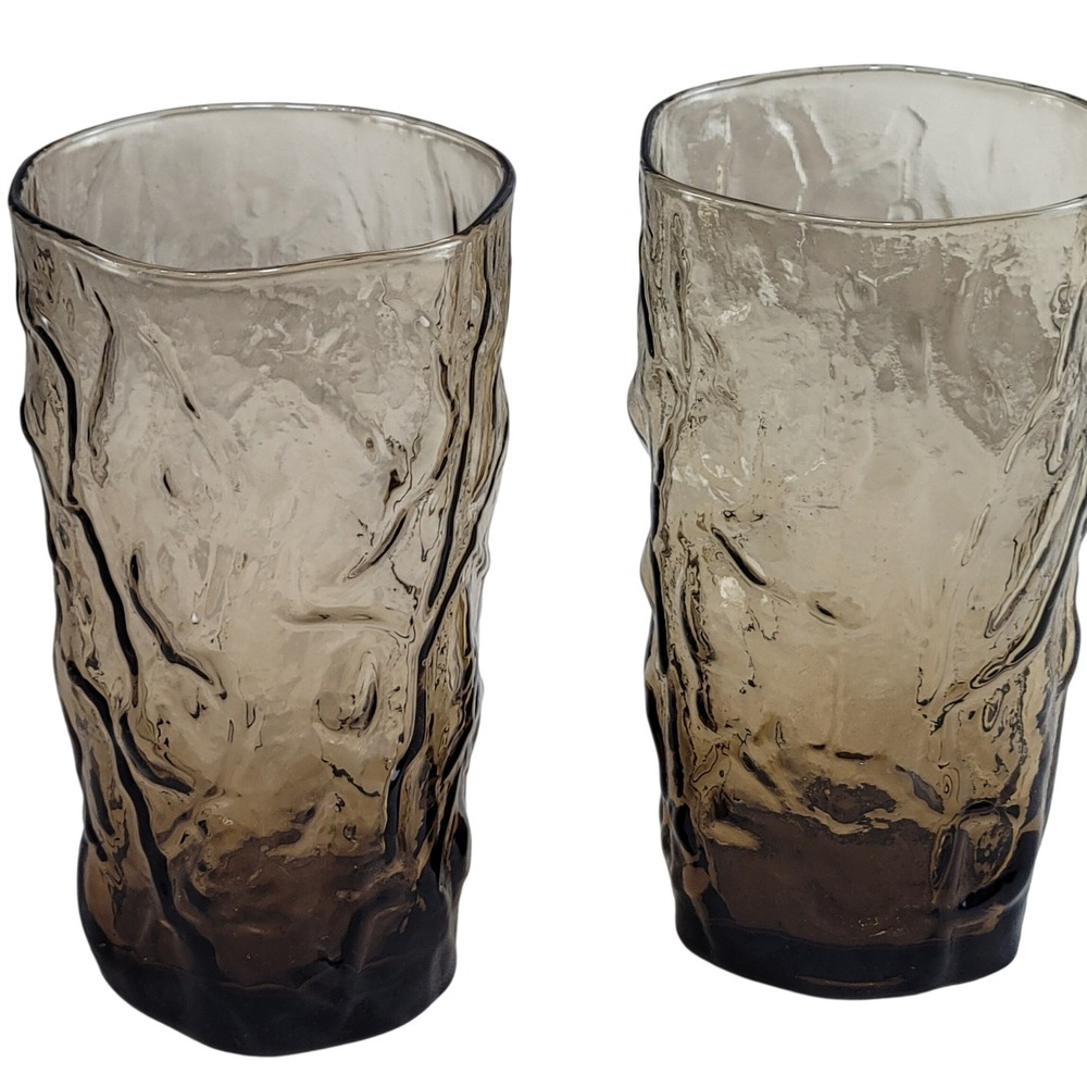 2 Libbey Bark Textured Driftwood Water Glass Tumblers Cup Brown Amber MCM